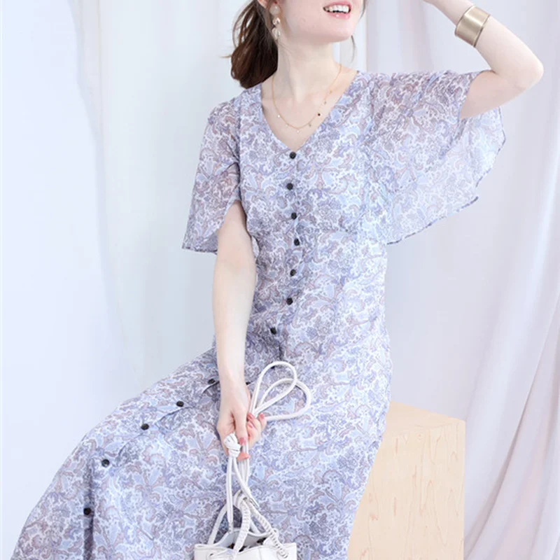 

2022 Summer New V Neck Print Flare Sleeve Single Breasted High Waist Vestidos Japan Style Solid Sweet Dress Women Robe