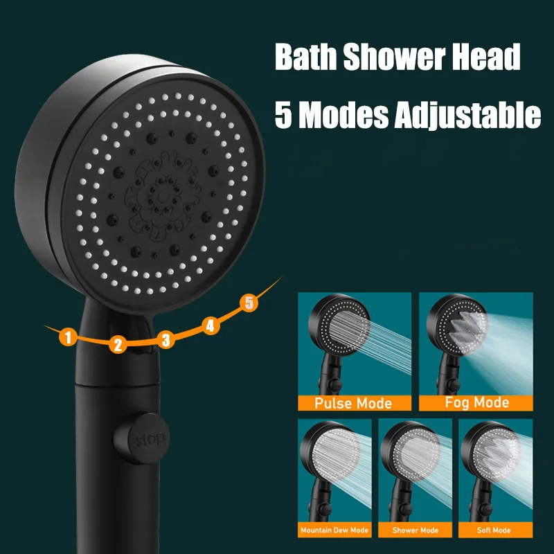 

Shower Head Water Saving Black 5 Mode Adjustable High Pressure Shower One-key Stop Water Massage Eco Shower Bathroom Accessories
