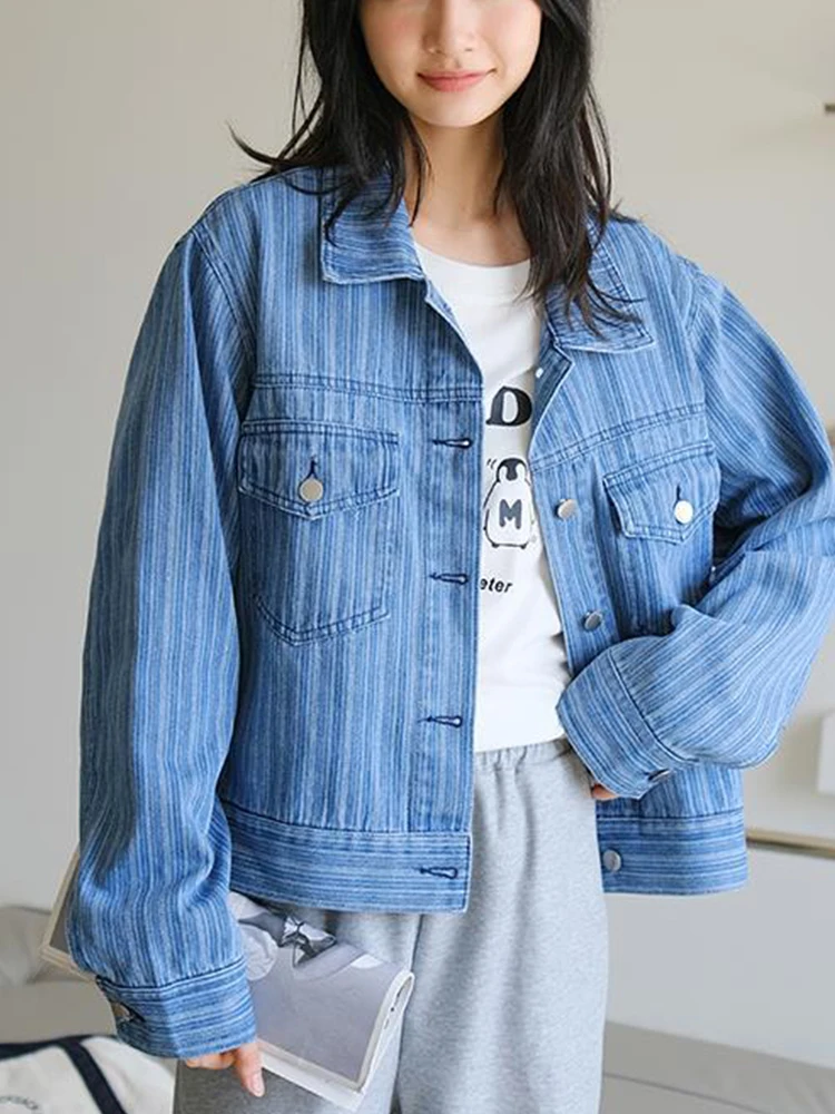 

Куртка женская джинсовая демисезонная, свободная однобортная винтажная уличная одежда из денима с карманами, синяя верхняя одежда