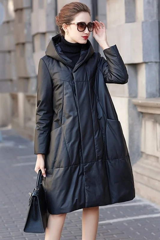 

Женская куртка-пуховик из натуральной кожи, с капюшоном, повседневное длинное пальто из овчины, 2023
