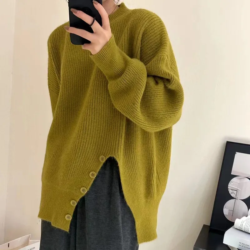 

Elegant Chic Sweater Women O-neck Contrast Loose Split Long Sleeve Pullover Button Office Lady Fashion Knitwear Tender Casual