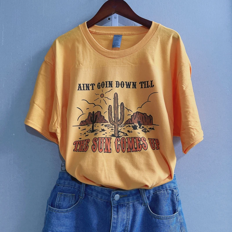 

Summer Women Cowgirl Vintage Boho Funny Shirt Sun Come Up Western Desert Cactus T-Shirt Retro Graphic Tee Short Sleeve Top