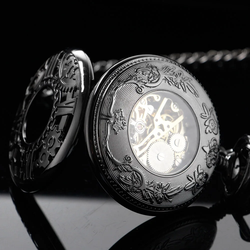 Black Hollow Exquisite Time Gear Steampunk Mechanical Pocket Watch Retro Gentleman Analog Signal Clock Lady Jewelry Gift