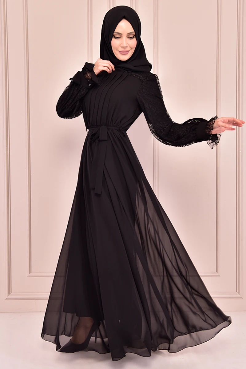 Шифоновое платье черного цвета с кружевным поясом, ev14846