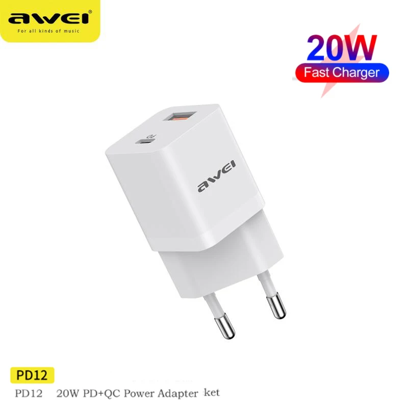 

Awei PD12 20W USB C Fast Charge Type-C Quick Charge For iOS /Android Mobile Phone Dual Ports Safe Charging