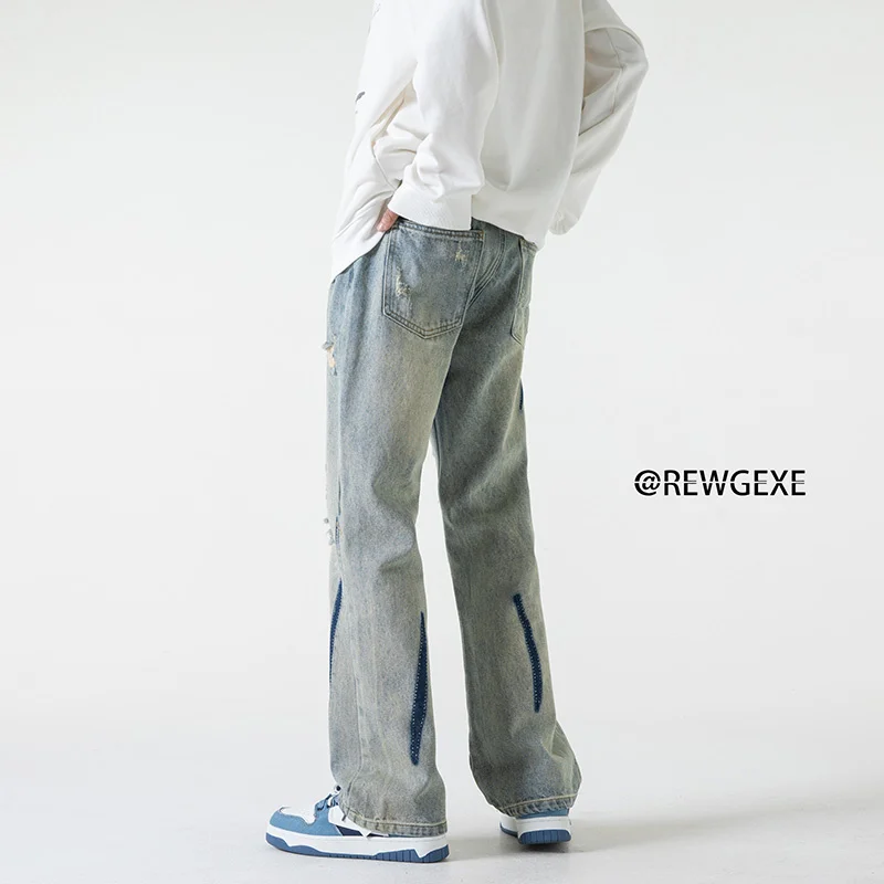 Coffee Blue Black Baggy Jeans Men Fashion Hole Straight Jeans Men Japanese Streetwear Hip Hop Loose Denim Pants Mens Trousers