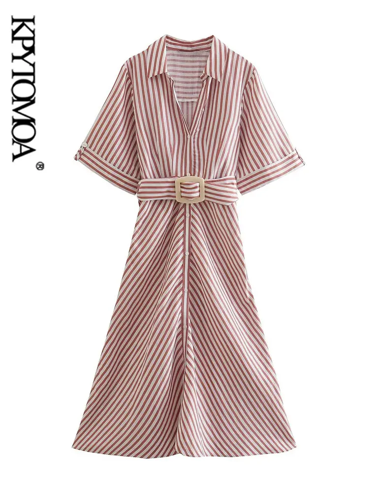 

KPYTOMOA женское модное с пряжкой ремнем Полосатое льняное платье миди Винтажное с коротким рукавом с пуговицами спереди женские платья