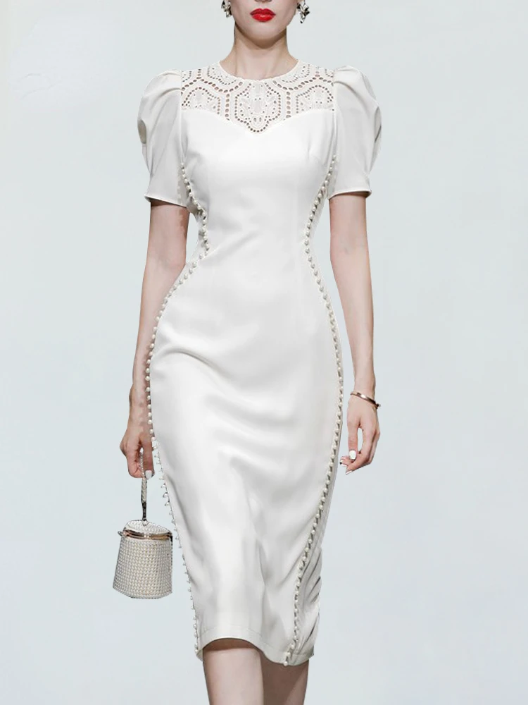 

Queen Summer New Women Simple White Dresses Office Sheath Pencil Dress Elegant Beads Puff Sleeve Mid-Calf
