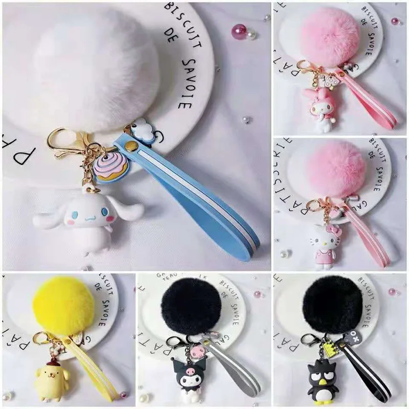 

Sanrio Hello Kitty Kuromi Penguin Frog Dog Kt Cat Keychain Kawaii Anime Hair Ball Lady Girl Pendant Toy Cartoon Small Gift