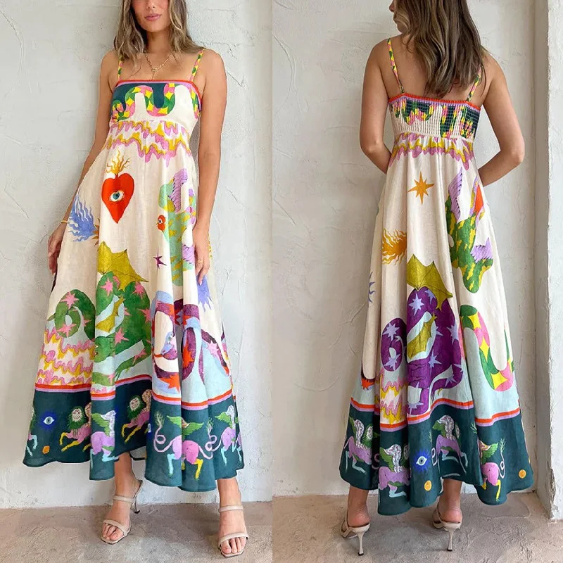 

New Print Colorful Long Dress Women High Waist Spaghetti Straps Backless Sexy A-line Summer Dress Beach Vacation Sundress Robe