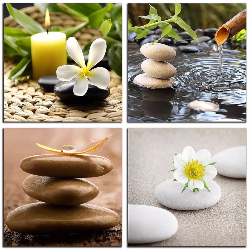 

Bamboo Green Pictures with SPA Zen Stone Candles Print on Canvas Wall Art for Home Bathroom Living Room Bedroom Decor