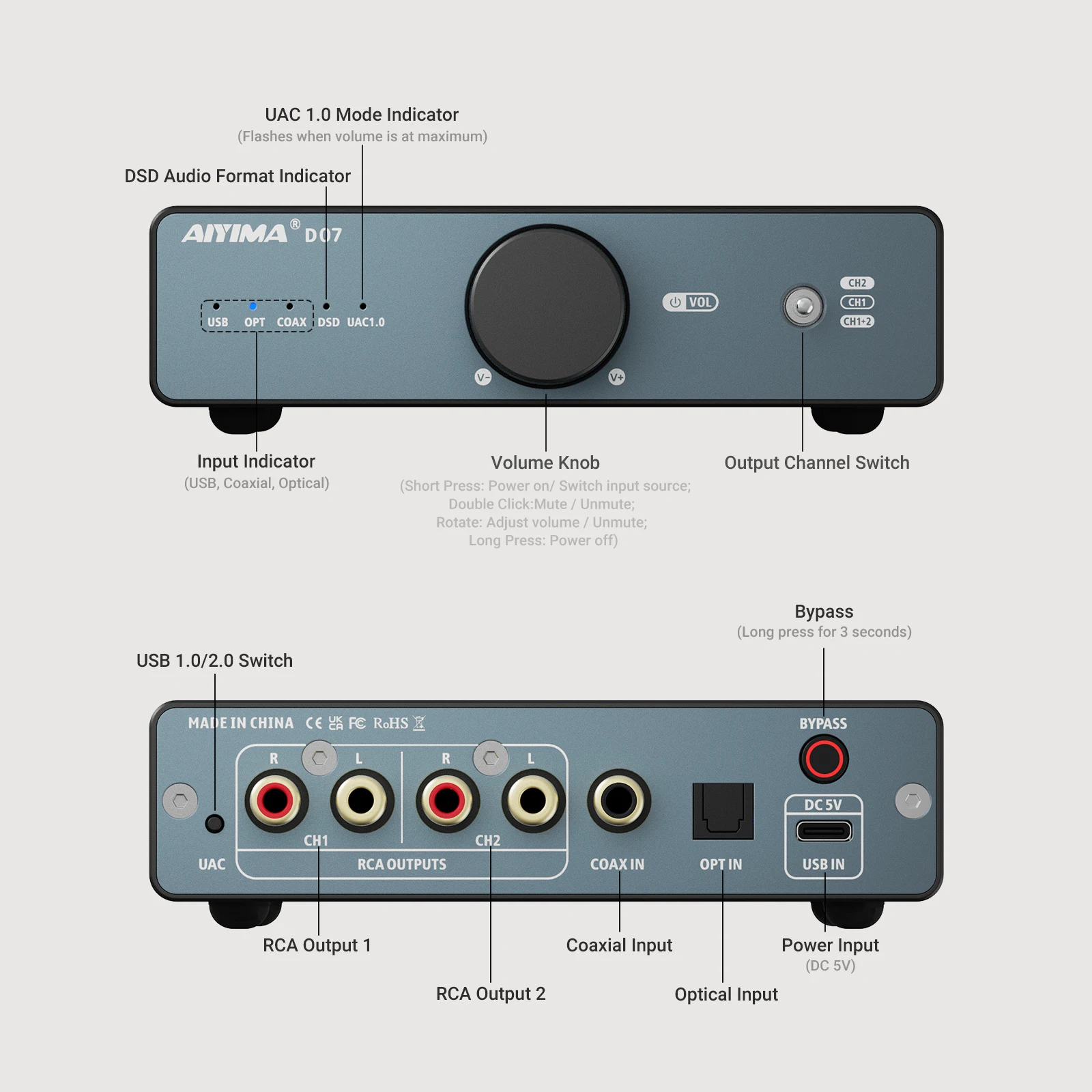 Фото AIYIMA D07 DAC XMOS XU316 AKM 4493S HIFI Миниатюрный настольный декодер PCM 768 кГц/32 бит DSD512 с оптическим/коаксиальным/USB входом и RCA выходом №2