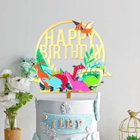 1pc childrens birthday cake topper happy birthday dinosaur theme cupcake topper for boys girls birthday party cake decoratios