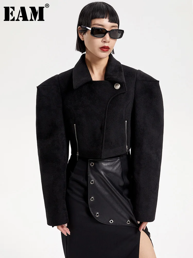 

[EAM] Loose Fit Black Shaped Elegant Short Woolen Coat Parkas New Long Sleeve Women Fashion Tide Autumn Winter 2023 17A1788