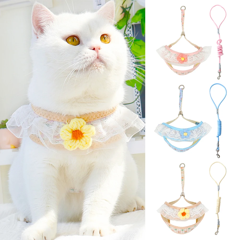 

Cute Cat Harness Leash Set Lace Flower Puppy Cats Harnesses Bib Breathable Pet Vest With Walking Lead Rope For Small Dogs Cats