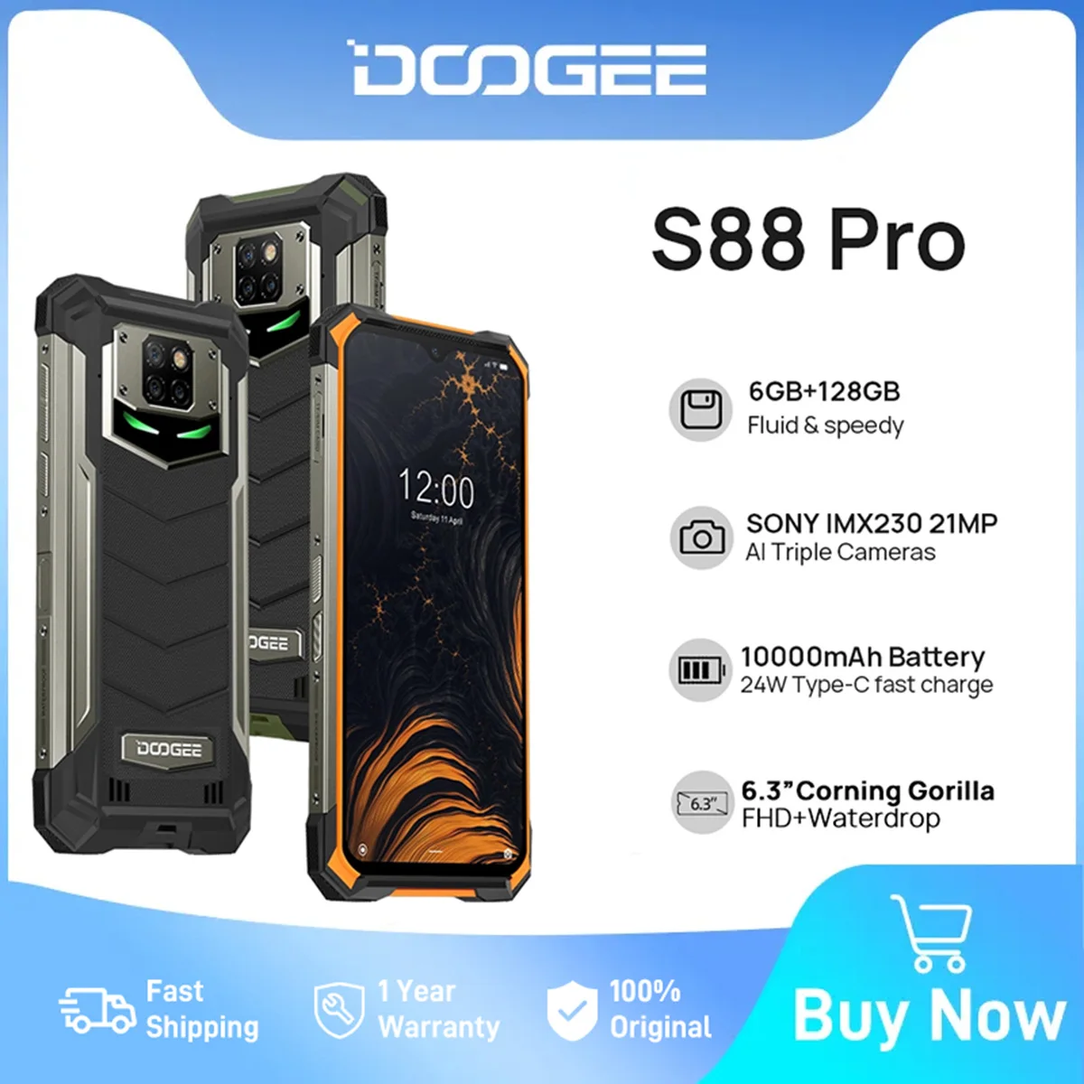 

DOOGEE S88 Pro Rugged 6.3" FHD Display 6GB 128GB Helio P70 Octa Core 21MP Triple Camera 10000mAh Battery 24W Fast Charge NFC
