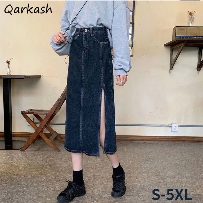 

Denim Skirts Women Side-slit Korean Style Mid-calf Streetwear S-5XL Fashion Female Students Elegant Design Bottom All-match Ins