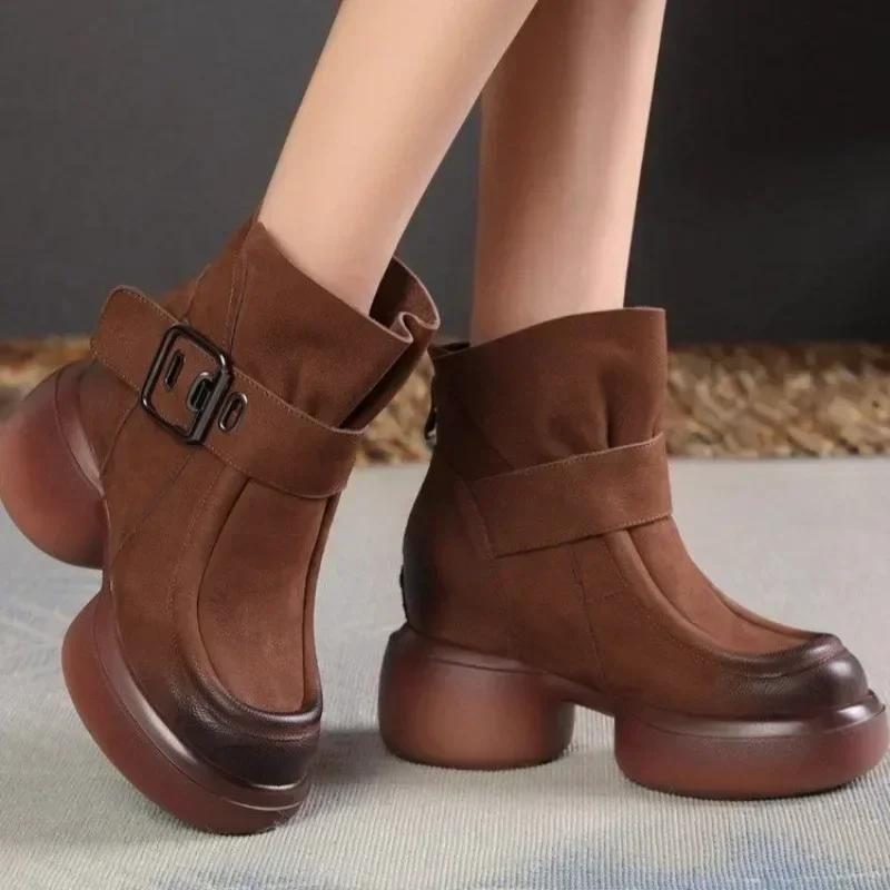 Женские высокие ботинки на платформе коричневые эластичные ботильоны с