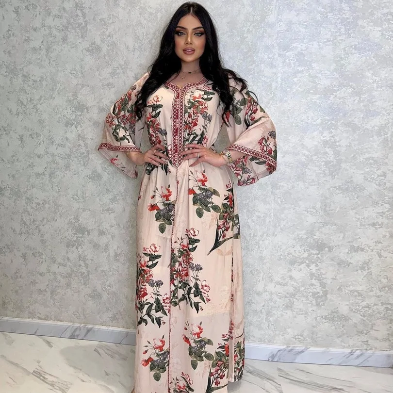 

Рамадан розовый кафтан Abaya Дубай, Турция Ислам Мусульманский Хиджаб длинное скромное платье Abaya s для женщин Caftan Robe Long Femme Musulmane