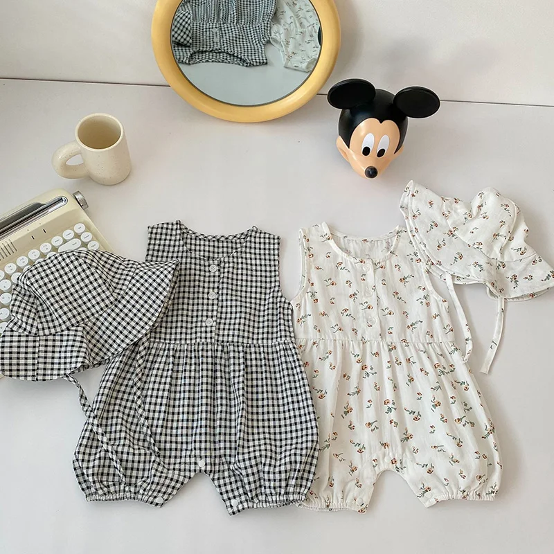 

Newborn Baby Girl Romper+Hat Sleeveless Cotton Lattice Toddler Baby Girls Jumpsuit Baby Girls Clothes For Summer