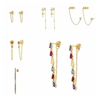 925 sterling silver ear needle colorful water drop chain stud earrings for women simple tassel pendant piercing earring jewelry