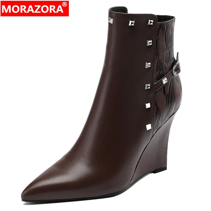 

Женские ботильоны на танкетке MORAZORA, Черные ботильоны из натуральной кожи с острым носком, на молнии, с пряжкой, на высоком каблуке, новинка зимнего сезона 2023