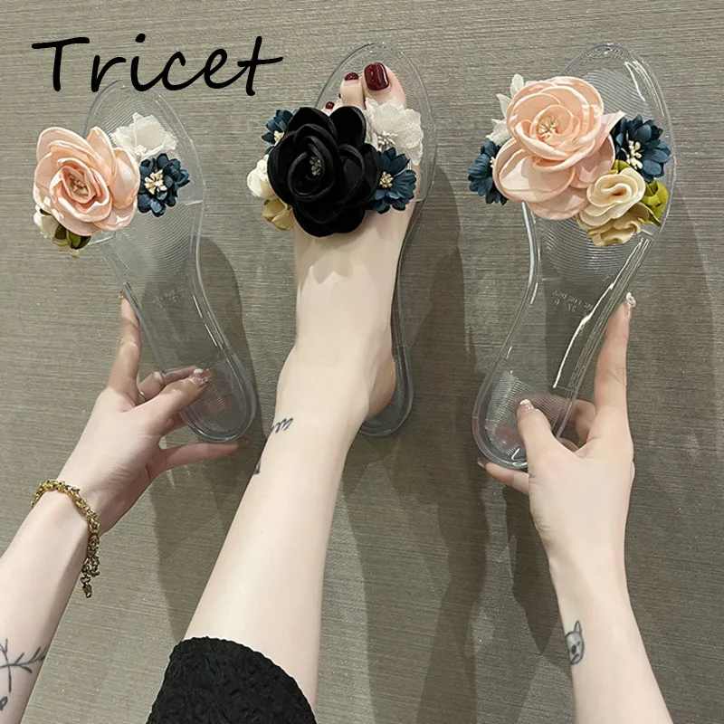 

Тапочки женские нескользящие, прозрачная подошва, Цветочный декор, летние модные шлепанцы, роскошная удобная обувь, 2022