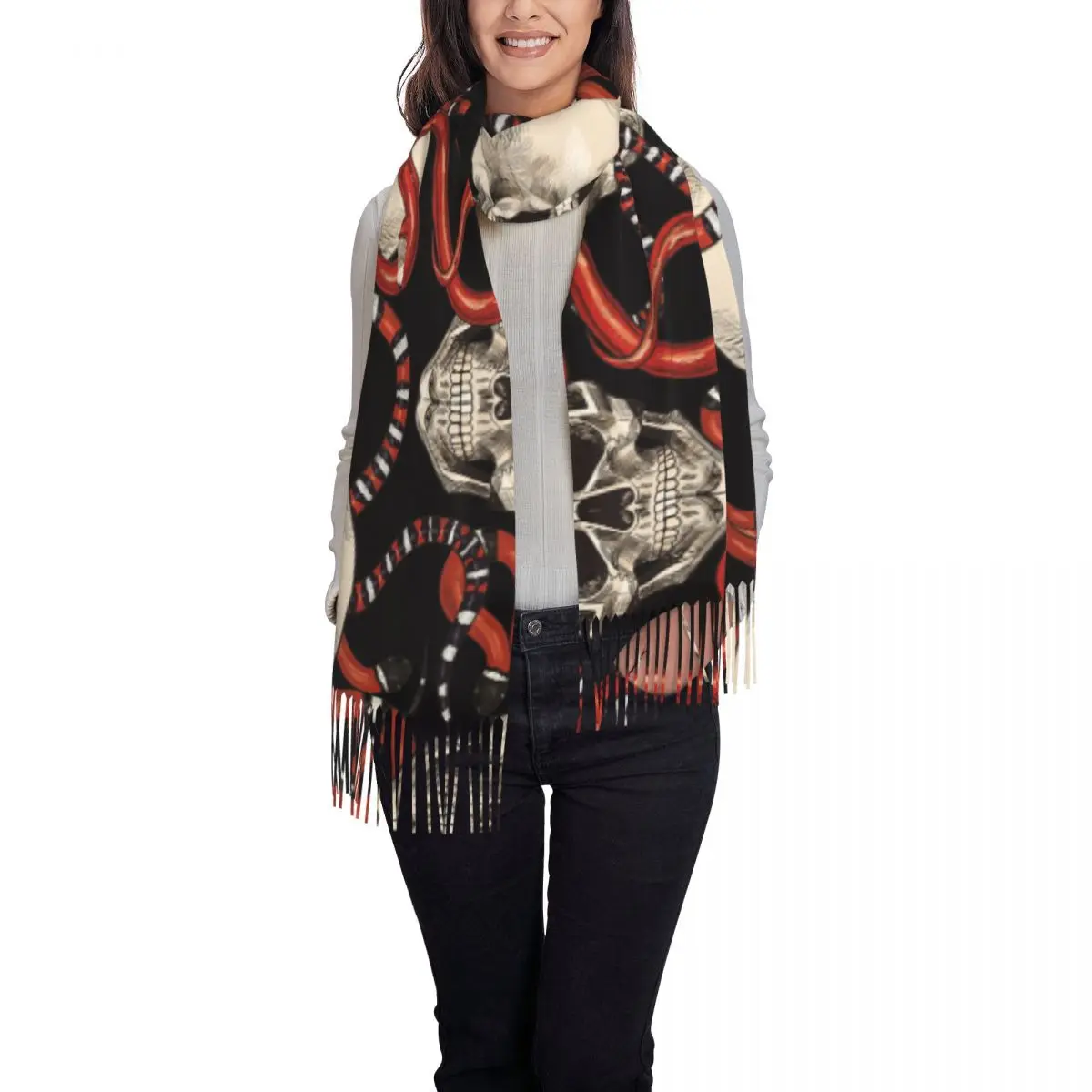 

New Women Vintage Skulls And Red Snakes Scarf Winter Shawls Thin Wrap Lady Tassel Warm Scarf Hairy Bufanda