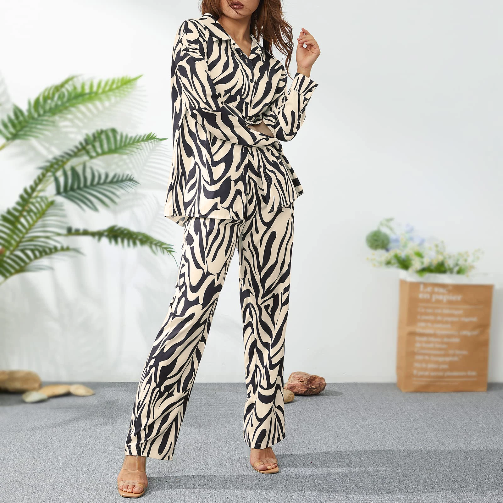 Women Lapel Shirt + Wide Leg Pants Casual Blouse Top Trousers Set Two Piece Suit Single Breasted Fashion Zebra Printed Outfit 2