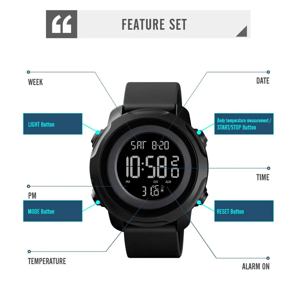 

SKMEI Men's Watches Men Clock Watch Digital Sport Watch Chrono Calendar Electronic 50M Waterproof Body Temperature Measurement
