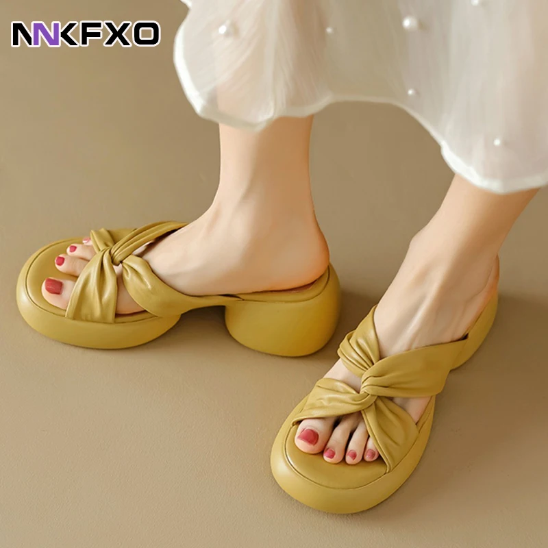 

Women Soft Leather Slippers 2023 New Summer Fashion Leisure Sandals All-Match Mid-High Heel Sandal Internet Celebrity Same Style