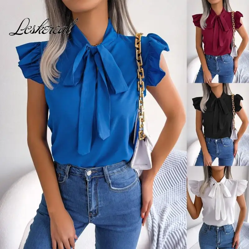 

Женская офисная блузка с оборками, элегантная повседневная однотонная блузка с рукавом-бантом на воротнике, лето 2023