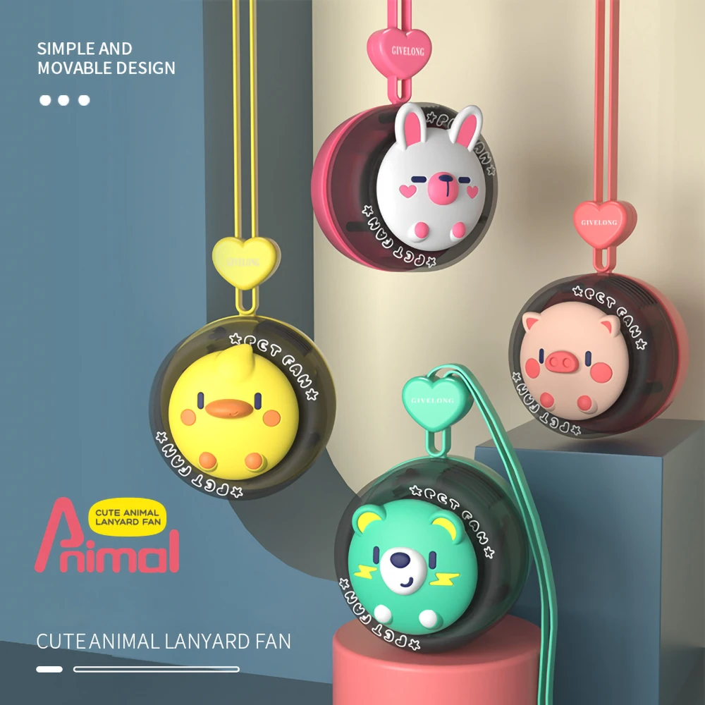 

Mini Rechargeable Cartoon Animal Hanging Neck Fan USB Portable Leafless Low Noise Small Fan for Summer Students Children's Gifts