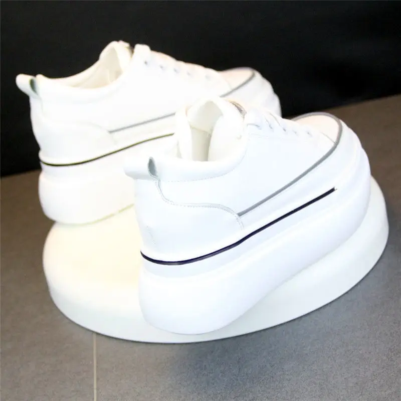 2022 Height Increasing Insole Female Casual Lace up White Shoes Versatile Casual round Toe Sneakers Soft Leather Women's Pumps