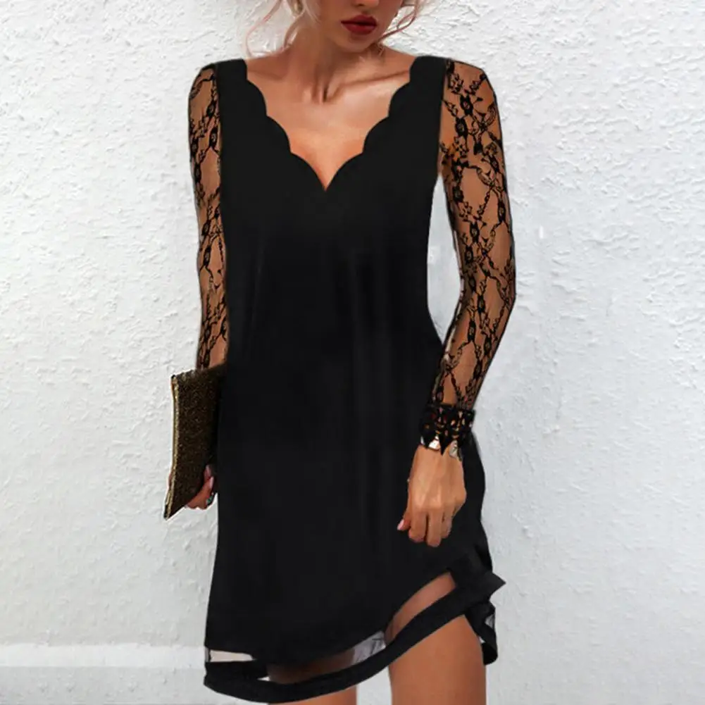 

Formal Dress Hollow Out Lace Spring Autumn Pure Color Patchwork Dress for Wedding