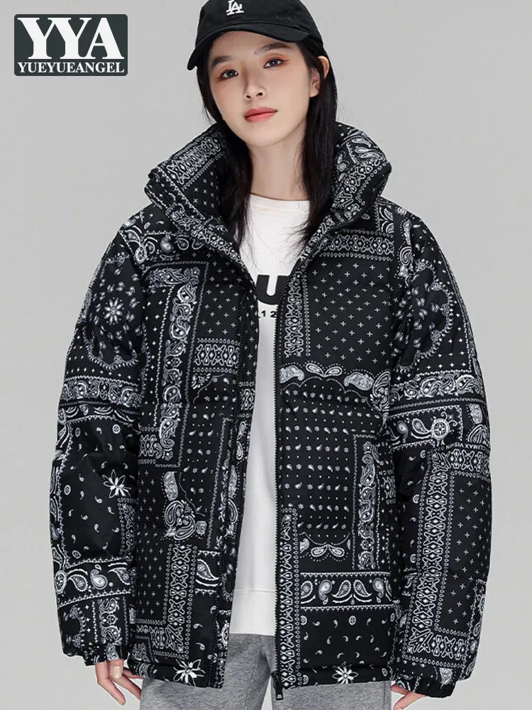 

Женский винтажный пуховик с цветочным принтом, свободная куртка большого размера с воротником-стойкой, Зимний пуховик для влюбленных