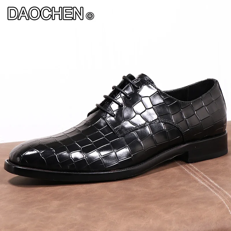 LUXURY BRAND MEN'S OXFORD LEATHER SHOES BROWN BLACK LACE UP SQARE DERBY CROCODILES PRINT MAN SHOE WEDDING OFFICE SHOES FOR MEN