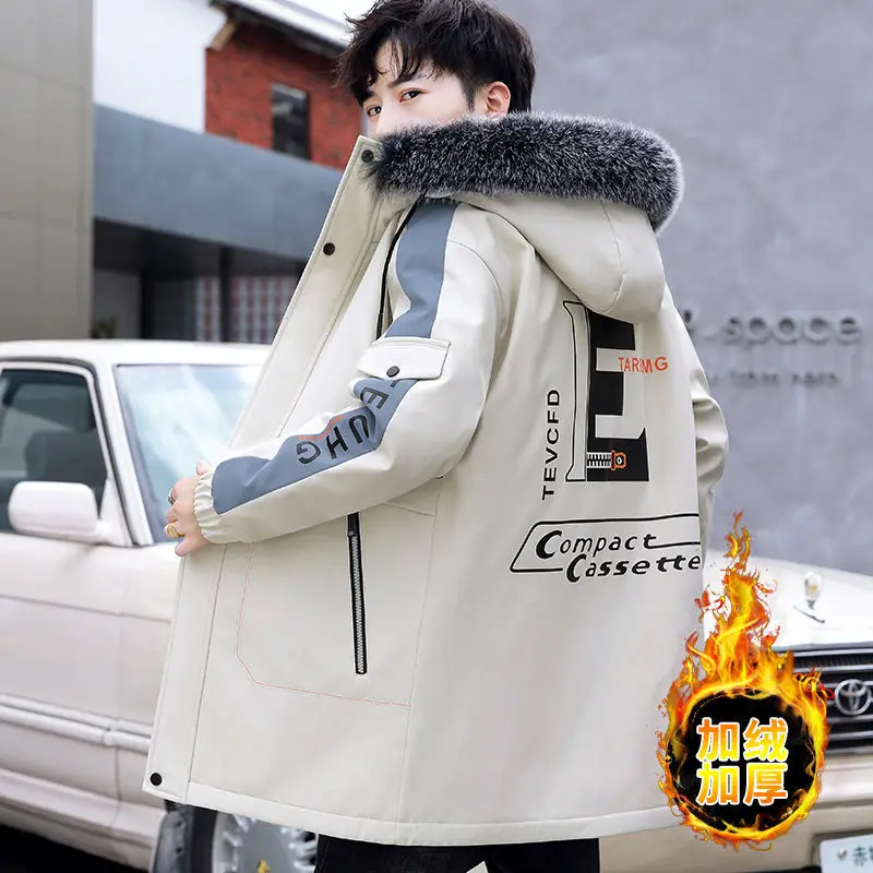 Men's cotton jacket winter new cotton jacket plush thick jacket jacket men's medium long men's windbreaker Korean casual men's