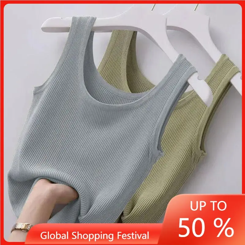 

Ice Silk Suspenders Threaded Vest Women's Slim Fit Outer Wear Inner Bottoming Shirt Sleeveless Sports Bra Suitable for 40-100kg