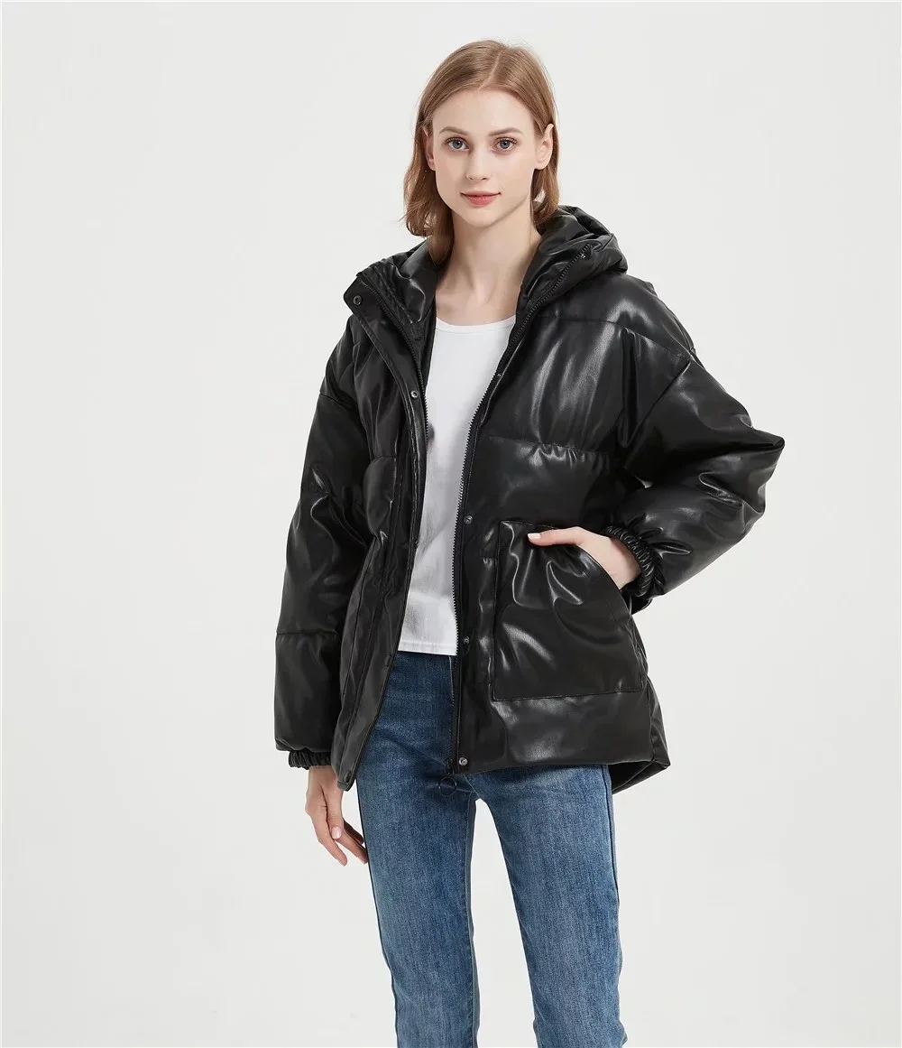 MOLAN Winter Woman Leather Padded Coat Black Warm Loose Pockets Hodded High Streeet Jacket Female Chic Outwear Top