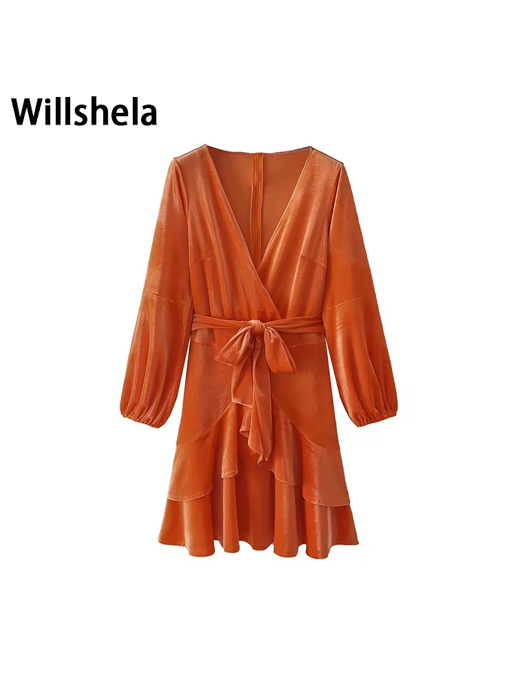 

Willshela женское модное с поясом однотонное гофрированное мини-платье на молнии сзади Винтажное с V-образным вырезом женские шикарные платья с ...
