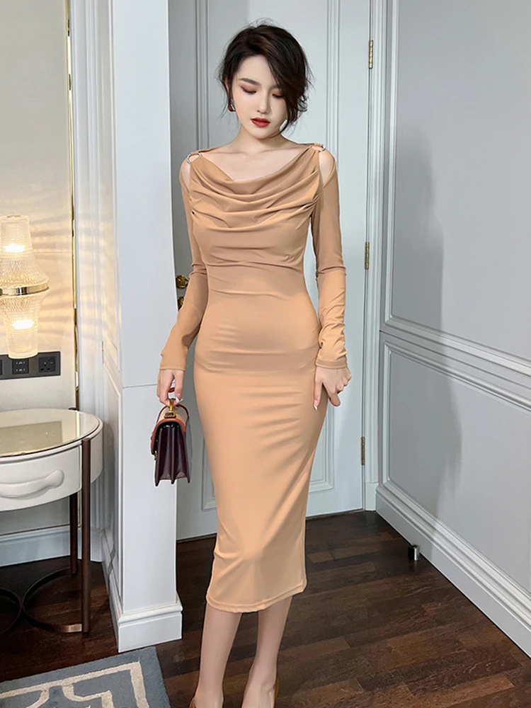 

New Fashion Elegant Sexy Dress For Women 2022 Khaki Pullover Pile Collar Folds Chest Off Shoulder Long Sleeve Slit Midi Vestidos
