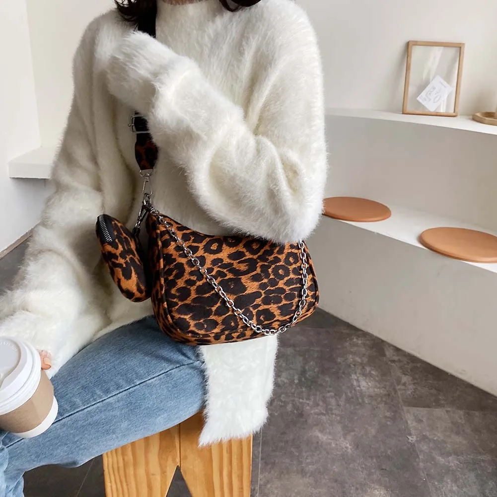 

2pcs Women Crossbody Handbags Fashion Nylon Casual Pure Color Leopard Small Purse Pendant Shoulder Messenger Bags