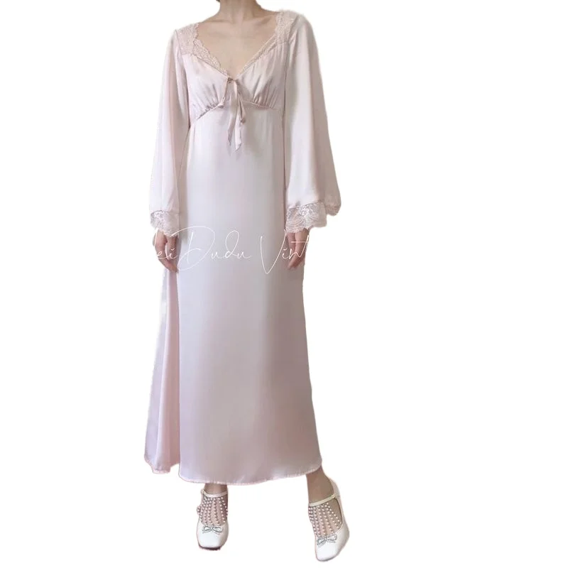 QWEEK Satin Nightgown Elegant Fairy Dresses Women Autumn Sleepwear Lace Nightwear Long Sleeve Vintage Nightie Sexy Gown Vestidos