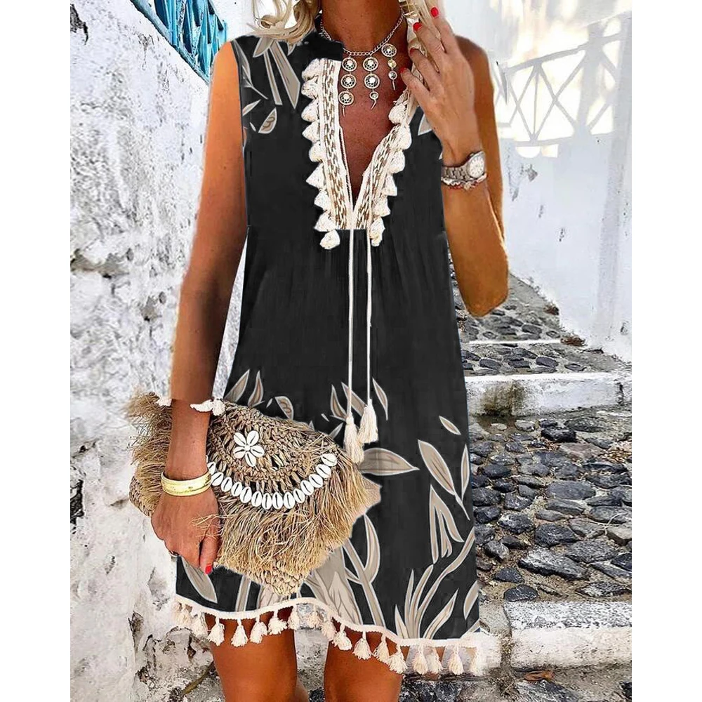 Women V Neck Plants Print Tassel Decor Sleeveless Casual Dress Summer Boho...