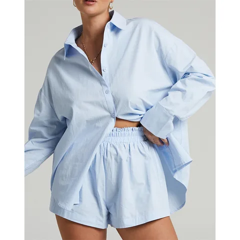 Summer Lady Office High Waist Cotton Shirt Women Turn Down Collar Long Sleeve Tops and Shorts Suit Cotton Casual Two Piece Sets