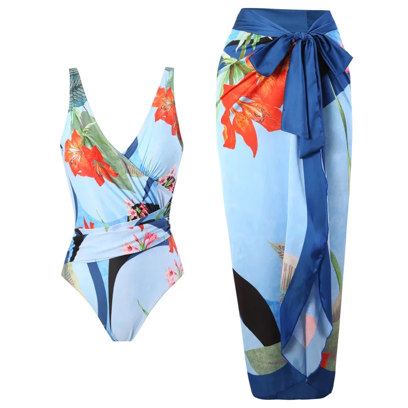 

Tropical Print Ruched One-Piece Swimsuit with Cover Up Sleeveless Summer Sexy Backless Tied Detail Beach Vacation Swimwear