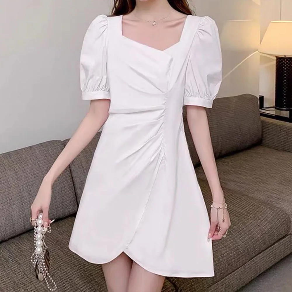 

PB & ZA2022 summer new women's clothing sweet style bubble sleeve pleated design solid color lady square collar short dress