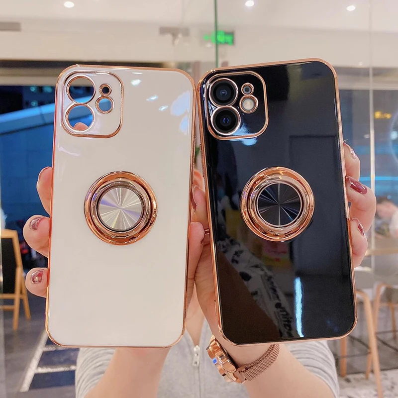 

Роскошный силиконовый чехол 6D с покрытием для iPhone 13, 12, 11 Pro, Xs Max, Mini SE, X, 7, 8 Plus, простой металлический кольцевой держатель, подставка, мягкий че...