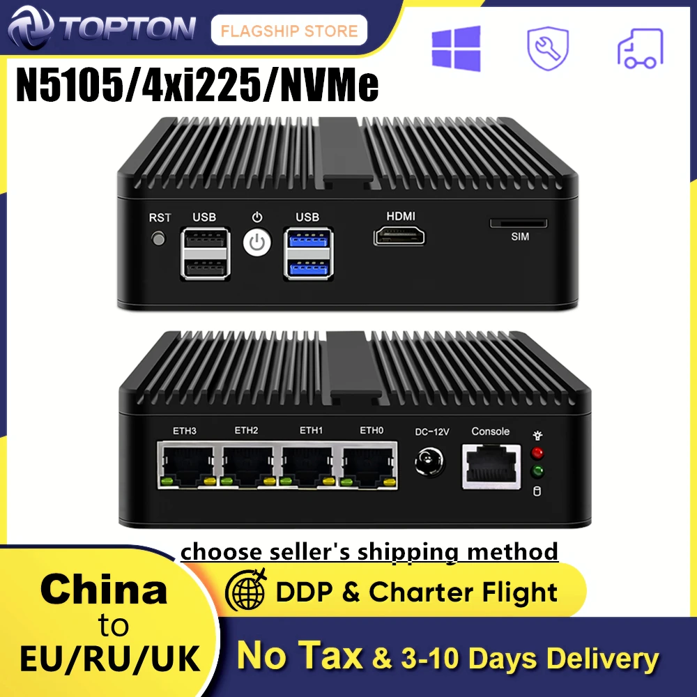 PfSense брандмауэр N5105 роутер 4x Intel i225-V B3 2 5G LAN 2xDDR4 NVMe промышленный безвентиляторный